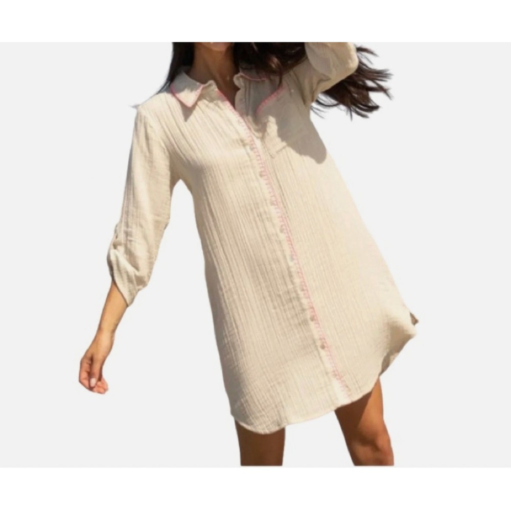 Natural Life Lola Shirt Dress Mother of Pearl Embroidered Gauze Cotton Tunic